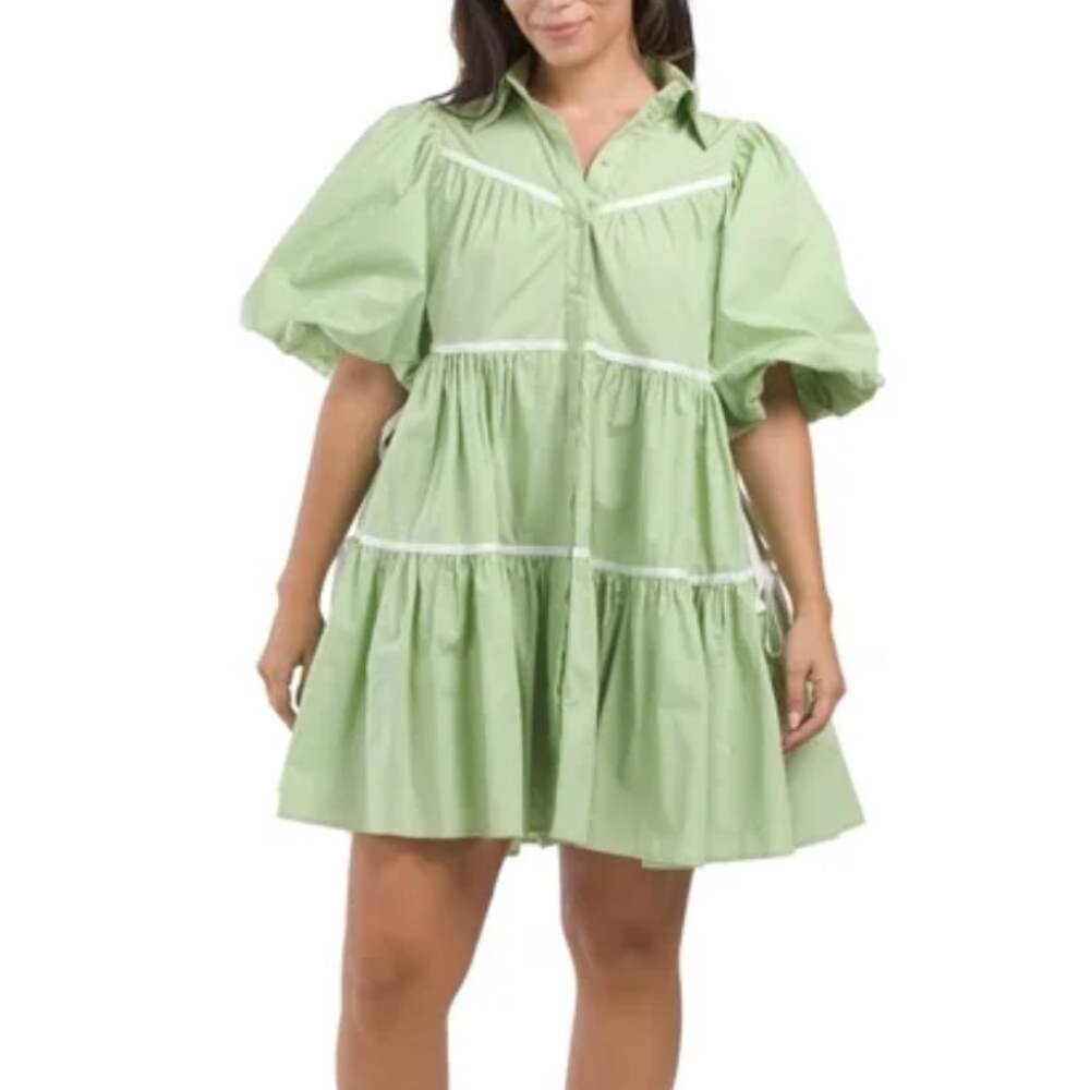 NWOT Sofie the Label Julie puff sleeve A-line mini dress green bows oversized